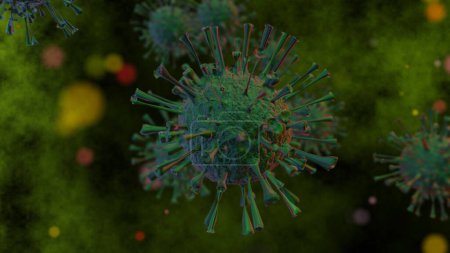 Foto de 3D Rendering, Realista de células verdes el síndrome respiratorio agudo severo coronavirus 2 (SARS-CoV-2) anteriormente conocido como covid-2019, 2019-nCoV. Fondo oscuro y verde - Imagen libre de derechos