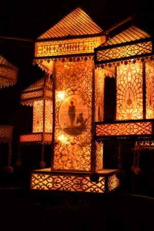 Decorated Vesak lanterns, detailed artwork, Sri lankan vesak festival celebrations.