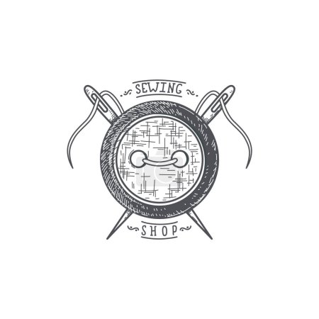 Ilustración de Tailor label, emblems and design element. Individual shop. Sewing logo design concept hand drawn vector illustration isolated on white background. - Imagen libre de derechos