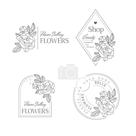 Ilustración de Vector set flowers logos templates. Modern hand drawn line style design. Minimalist drawn floral logo design illustration. - Imagen libre de derechos