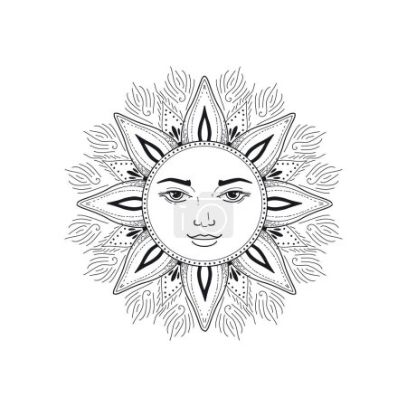 Téléchargez les illustrations : Esoteric symbol sun boho vector illustration. Mystical astrology, boho celestial and magic. - en licence libre de droit