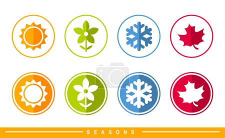 Téléchargez les illustrations : Four seasons badge icon vector illustration. Weather forecast. seasonal simple elements. Color icons of seasons of the year. - en licence libre de droit