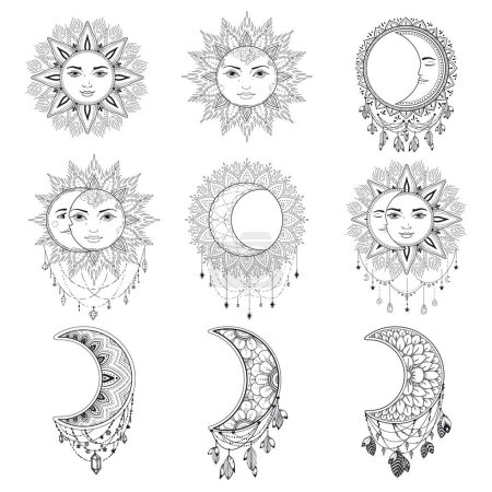 Téléchargez les illustrations : Set moon Vector illustration template design. Line art in esoteric symbols. Mystical design. - en licence libre de droit