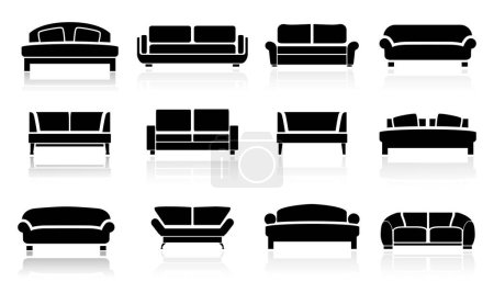 Téléchargez les illustrations : Vector collection modern luxury sofas and couches. Furniture icon set for living room vector illustration. - en licence libre de droit