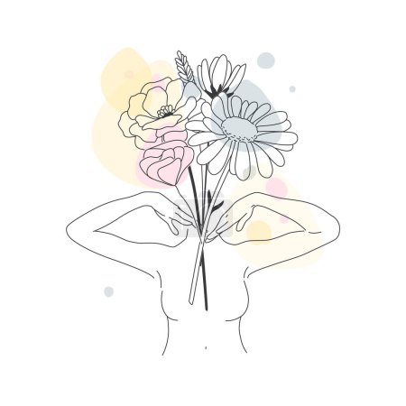 Téléchargez les illustrations : Minimal Line Drawing. Foce Woman Art Flower Images. Girl with flowers color template design. Line Vector illustration. - en licence libre de droit