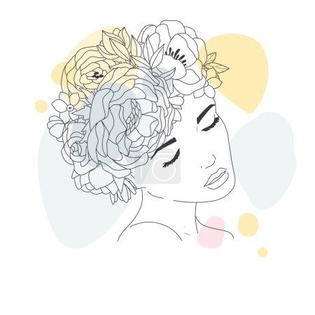 Ilustración de Minimal Line Drawing. Foce Woman Art Flower Images. Girl with flowers color template design. Line Vector illustration. - Imagen libre de derechos