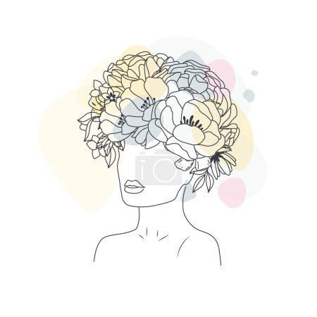 Illustration for Minimal Line Drawing. Foce Woman Art Flower Images. Girl with flowers color template design. Line Vector illustration. - Royalty Free Image