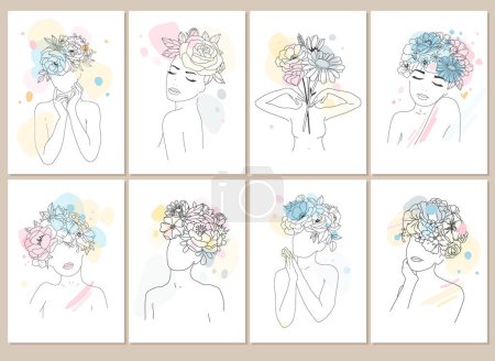 Téléchargez les illustrations : Set Minimal Line Drawing Woman Flower Images. Collection girls with flowers. Line Vector illustration. - en licence libre de droit
