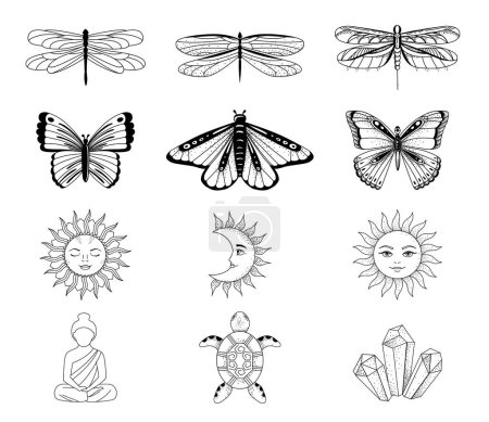 Ilustración de Boho vector collection of magic line art. Dragonfly, butterfly, moon and sun. Vector illustration. - Imagen libre de derechos
