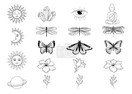 Téléchargez les illustrations : Boho vector collection of magic line art. Dragonfly, butterfly, moon, sun, crystals and camera. Vector illustration. - en licence libre de droit