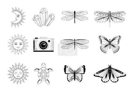 Ilustración de Boho vector collection of magic line art. Dragonfly, butterfly, moon, sun, crystals and camera. Vector illustration. - Imagen libre de derechos