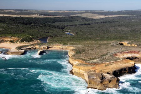 Aerial view of the Sherbrook River near the Twelve Apostles at the Great Ocean Road in the Port Campbell National Park, Victoria, Australia.