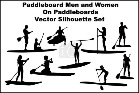 Paddleboard hombres y mujeres en paddleboards Vector Silhouette Set