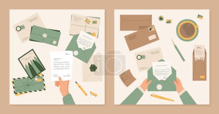 Character send mail social media design, flat hands read handwritten letter, cartoon style woman send craft invitation letter with paper note background, creative greeting post card illustration.