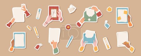Flat hands with blank mail and letters sticker set illustration, colorful isolated hand writing letter template patch, woman sends envelope and package, cartoon character holds sheet of paper.