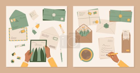 Creative craft postcard social media template, trendy handmade mail template, cartoon hand write greeting letter at the table, character hold flat handwritten post card illustration.