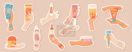 Hands hold sun protection cosmetic product sticker set, isolated badge with spf oil tube and woman hand, flat character holds sunblock lotion bottle, uv block cream container or sunscreen spray pack.