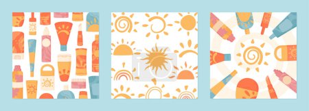 Cartoon sun shape and sunscreen background set, banner with uv factor protection cream pack and sunblock oil product, creative social media template with hand drawn sun shapes for summer posts