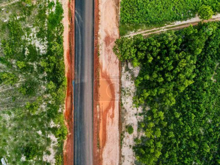 Aerial top down of road in the countryside during summer in Mato Grosso Brazil