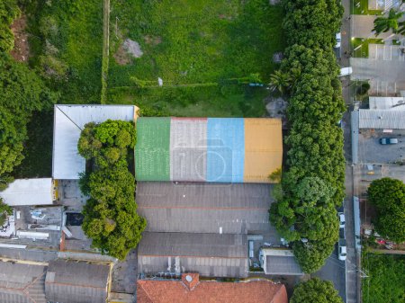 Aerial top down of colorful shed roof in summer in Cuiaba Mato Grosso Brazil