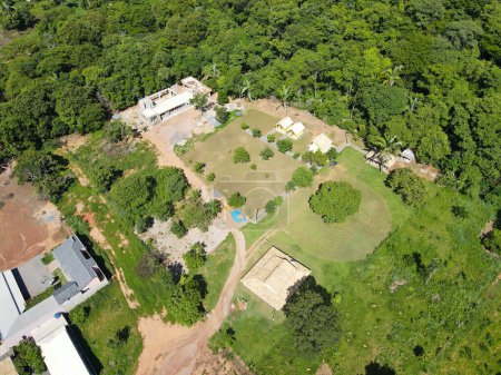 Aerial landscape of campsite in Bom Jardim during summer in Nobres countryside of Mato Grosso Brazil