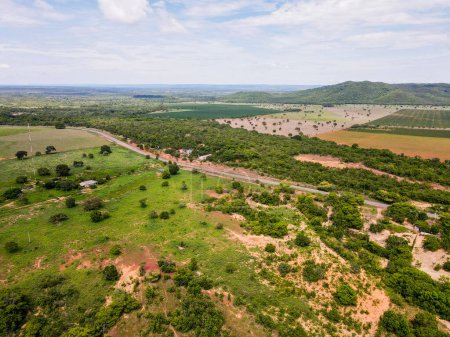 Paysage aérien de terres agricoles à Bom Jardim pendant l'été dans la campagne Nobres au Mato Grosso Brésil