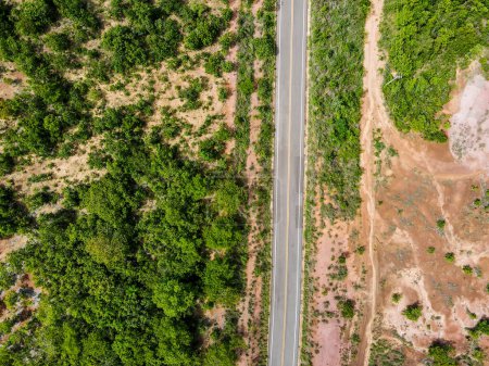 Aerial top down of country road in Bom Jardim during summer in Nobres countryside in Mato Grosso Brazil