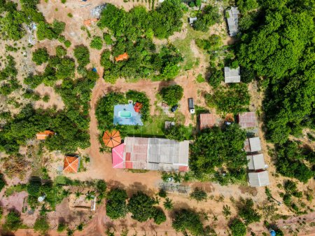 Aerial top down of tropical campsite in Bom Jardim during summer countryside in Mato Grosso Brazil