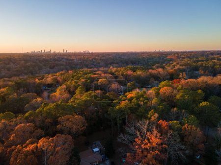 Aerial landscape of residential area with Atlanta skyline during fall in Decatur Atlanta Georgia USA