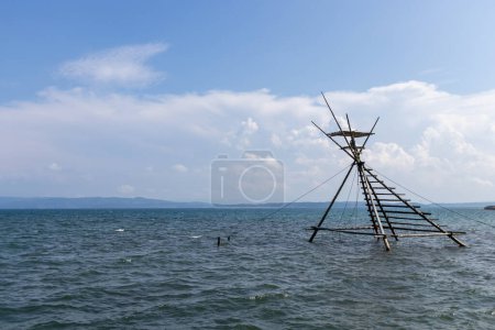 Photo for Traditional Boramachi yagura fishing tower, Nanao Bay, Anamizu, Ishikawa, Japan. - Royalty Free Image