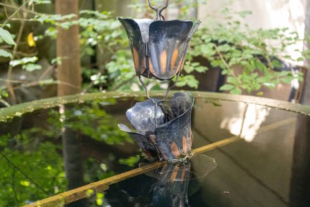 Photo for Ornamental cast metal water cup on a traditional Japanese rain chain, or "kusaridoi". A rain chain hangs from a roof and carries rainwater to the ground via a series of small cups. Kanazawa, Japan. - Royalty Free Image