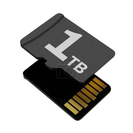 Speicherkarte mit 1 TB Kapazität, MicroSD-Flash-Speicherdisk isoliert auf weißem Hintergrund. 3D-Illustration