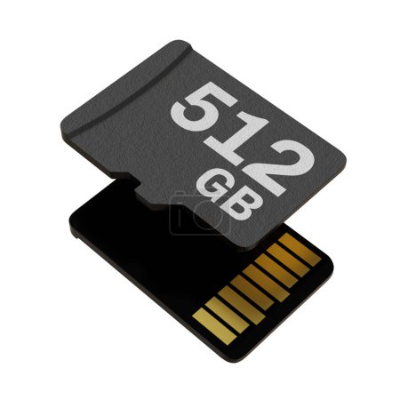 Tarjeta de memoria con capacidad de 512 GB, disco de almacenamiento flash MicroSD sobre fondo blanco. Ilustración 3D