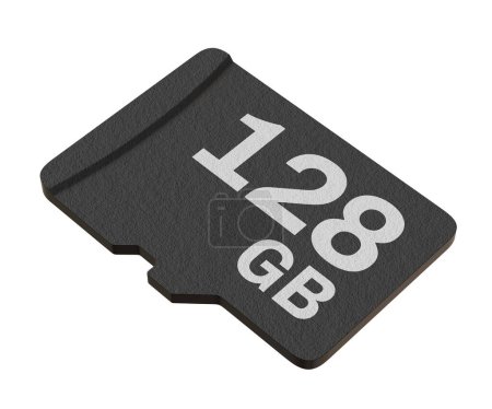 Carte mémoire avec une capacité de 128 Go, disque de stockage flash MicroSD isolé sur fond blanc. Illustration 3D