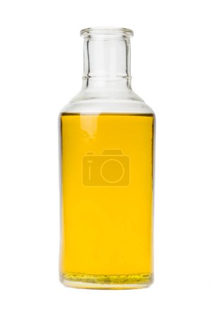 Flasche mit Öl ohne Deckel isoliert auf weiß