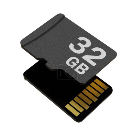 Tarjeta de memoria con capacidad de 32 GB, almacenamiento en disco flash MicroSD aislado en fondo blanco. Ilustración 3D