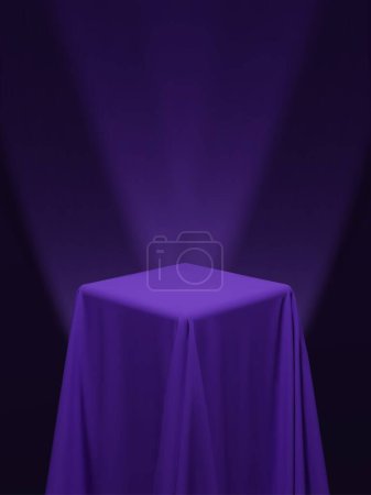 Téléchargez les illustrations : Tissu violet couvrant un cube ou une table, avec fond violet et projecteurs de scène. Peut être utilisé comme support pour l'affichage de produits, table drapée. Illustration vectorielle - en licence libre de droit