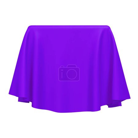 Illustration for Purple fabric covering a cube or rectangular shape, isolated on white background. Can be used as a stand for product display, draped table. Vector illustration - Royalty Free Image