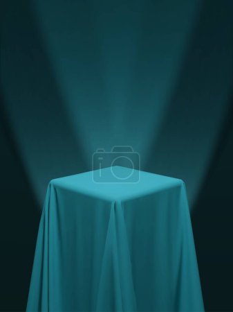 Téléchargez les illustrations : Teal green blue fabric covering a cube or a table, with purple background and stage spotlights. Can be used as a stand for product display, draped table. Vector illustration - en licence libre de droit
