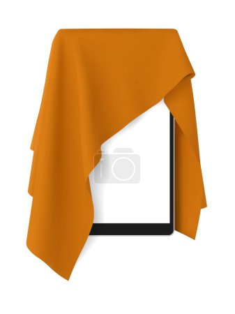 Ilustración de Orange fabric covering a blank portable tablet pad gadget,. Concept of new release, unveiling, presenting next generation tech, Vector illustration, isolated on white - Imagen libre de derechos