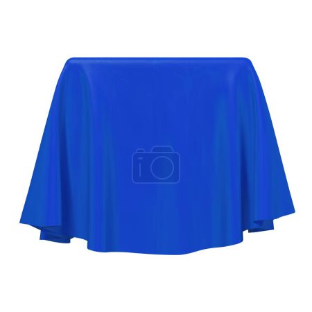 Illustration for Blue fabric covering a cube or rectangular shape, isolated on white background. Can be used as a stand for product display, draped table. Vector illustration - Royalty Free Image