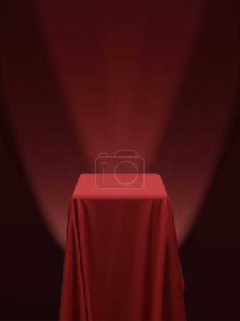 Illustration for Red fabric covering a cube or a table, with red background and stage spotlights. Can be used as a stand for product display, draped table. Vector illustration - Royalty Free Image