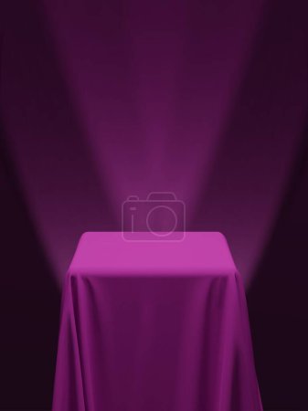Téléchargez les illustrations : Tissu rose couvrant un cube ou une table, avec fond rose et projecteurs de scène. Peut être utilisé comme support pour l'affichage de produits, table drapée. Illustration vectorielle - en licence libre de droit
