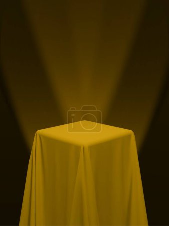 Illustration for Yellow fabric covering a cube or a table, with red background and stage spotlights. Can be used as a stand for product display, draped table. Vector illustration - Royalty Free Image