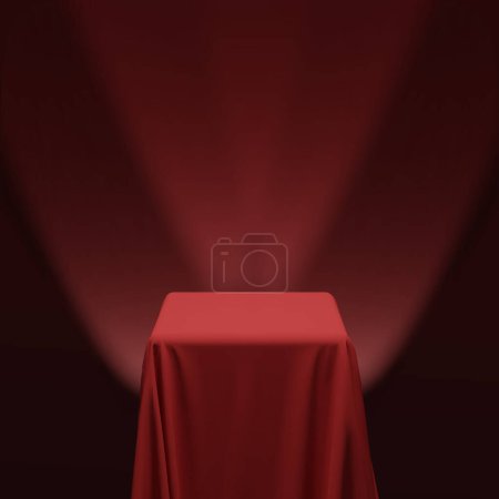Téléchargez les illustrations : Tissu rouge recouvrant un cube ou une table, avec fond rouge et projecteurs de scène. Peut être utilisé comme support pour l'affichage de produits, table drapée. Illustration vectorielle - en licence libre de droit