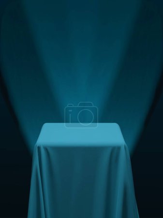 Téléchargez les illustrations : Teal green blue fabric covering a cube or a table, with purple background and stage spotlights. Can be used as a stand for product display, draped table. Vector illustration - en licence libre de droit