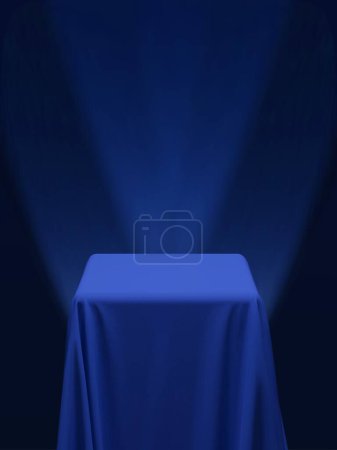 Illustration for Blue fabric covering a cube or a table, with blue background and stage spotlights. Can be used as a stand for product display, draped table. Vector illustration - Royalty Free Image
