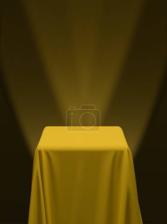Téléchargez les illustrations : Tissu jaune recouvrant un cube ou une table, avec fond rouge et projecteurs de scène. Peut être utilisé comme support pour l'affichage de produits, table drapée. Illustration vectorielle - en licence libre de droit