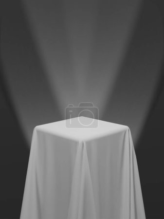 Téléchargez les illustrations : Tissu blanc recouvrant un cube ou une table, avec fond blanc et projecteurs de scène. Peut être utilisé comme support pour l'affichage de produits, table drapée. Illustration vectorielle - en licence libre de droit