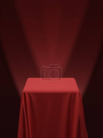 Red fabric covering a cube or a table, with red background and stage spotlights. Can be used as a stand for product display, draped table. Vector illustration